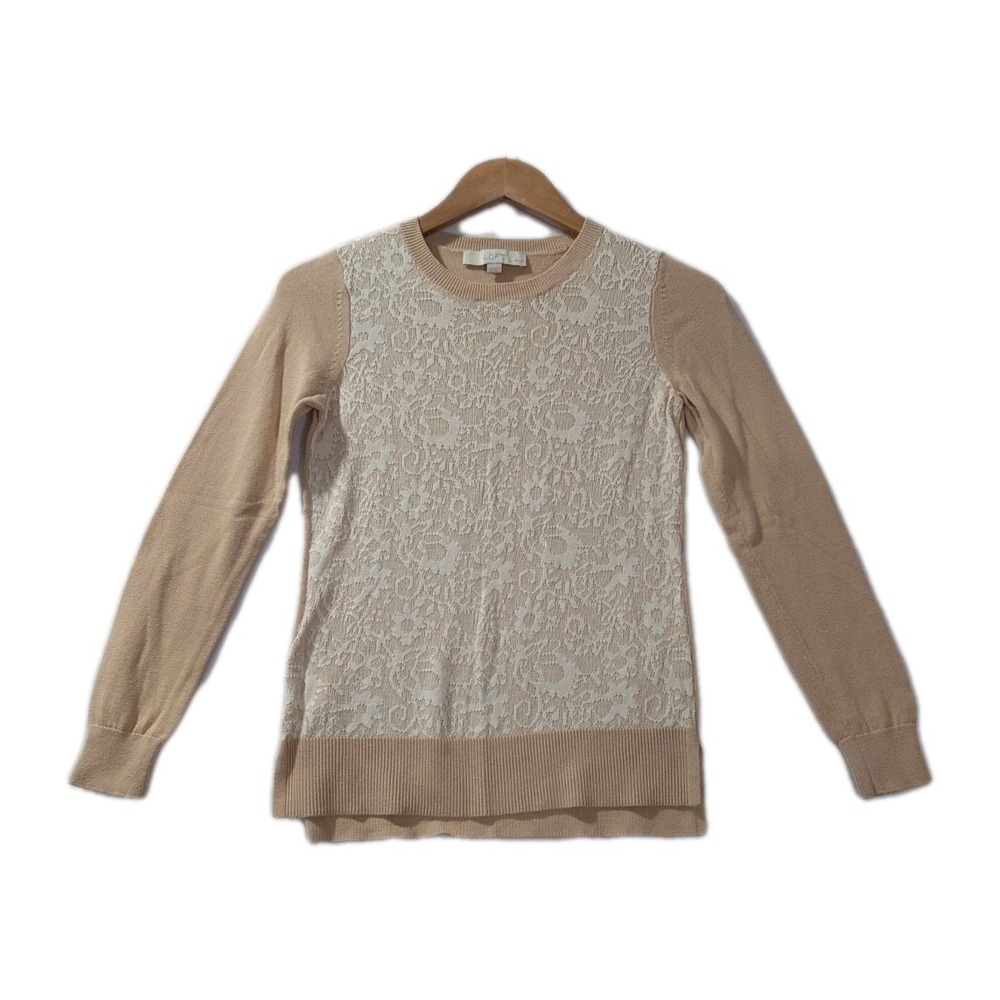 Ann‎ Taylor LOFT Beige Lace Front Sweater 100% Cotton Women's XSP Petite